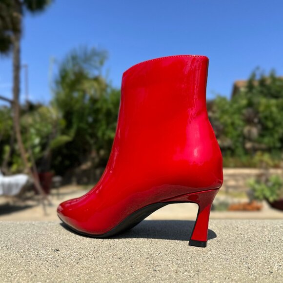 New True Red Pointed Toe Kitten Low Heel Ankle Boots Booties Faux Patent Leather - Picture 5 of 7